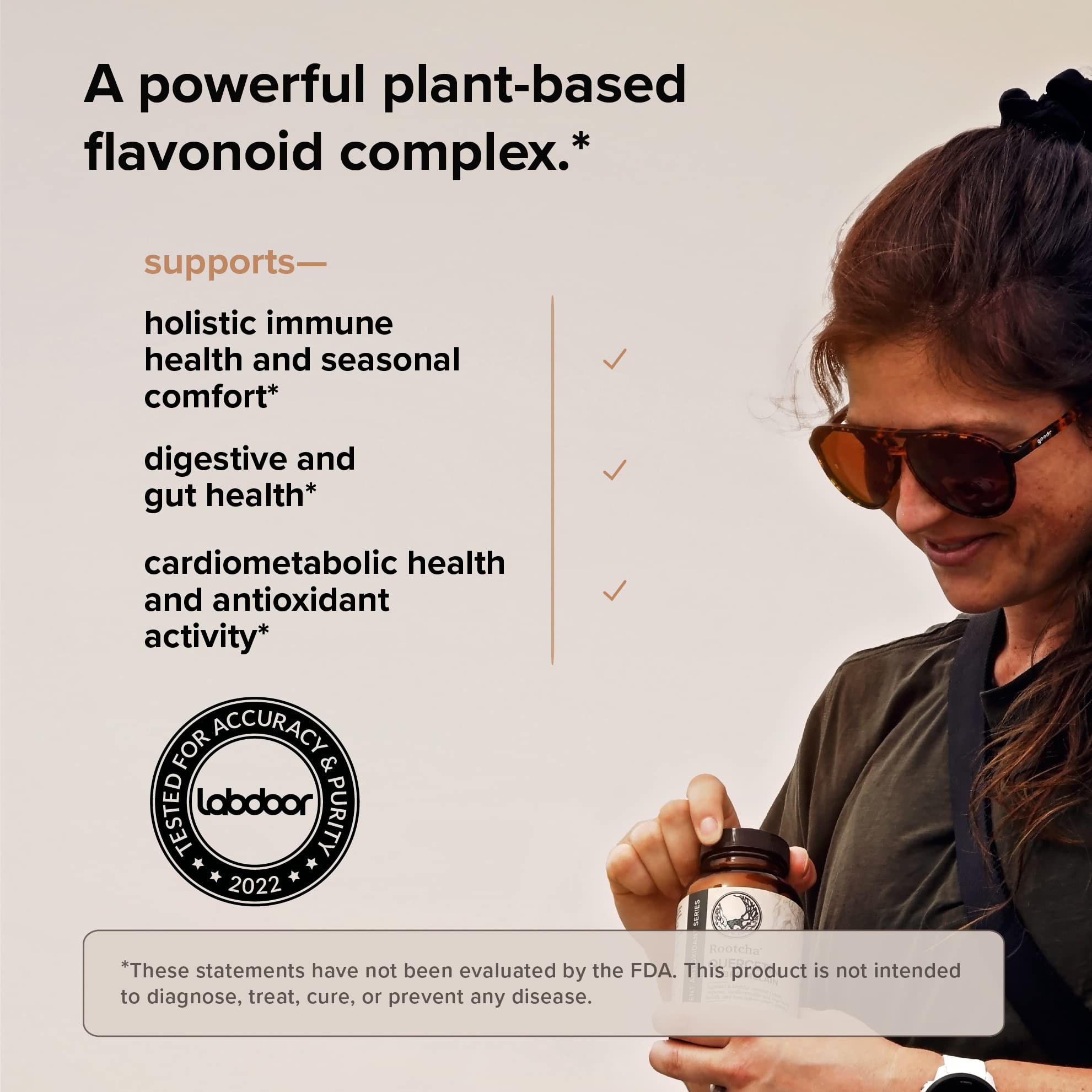 Rootcha Quercetin with Bromelain label featuring third-party testing for transparency.