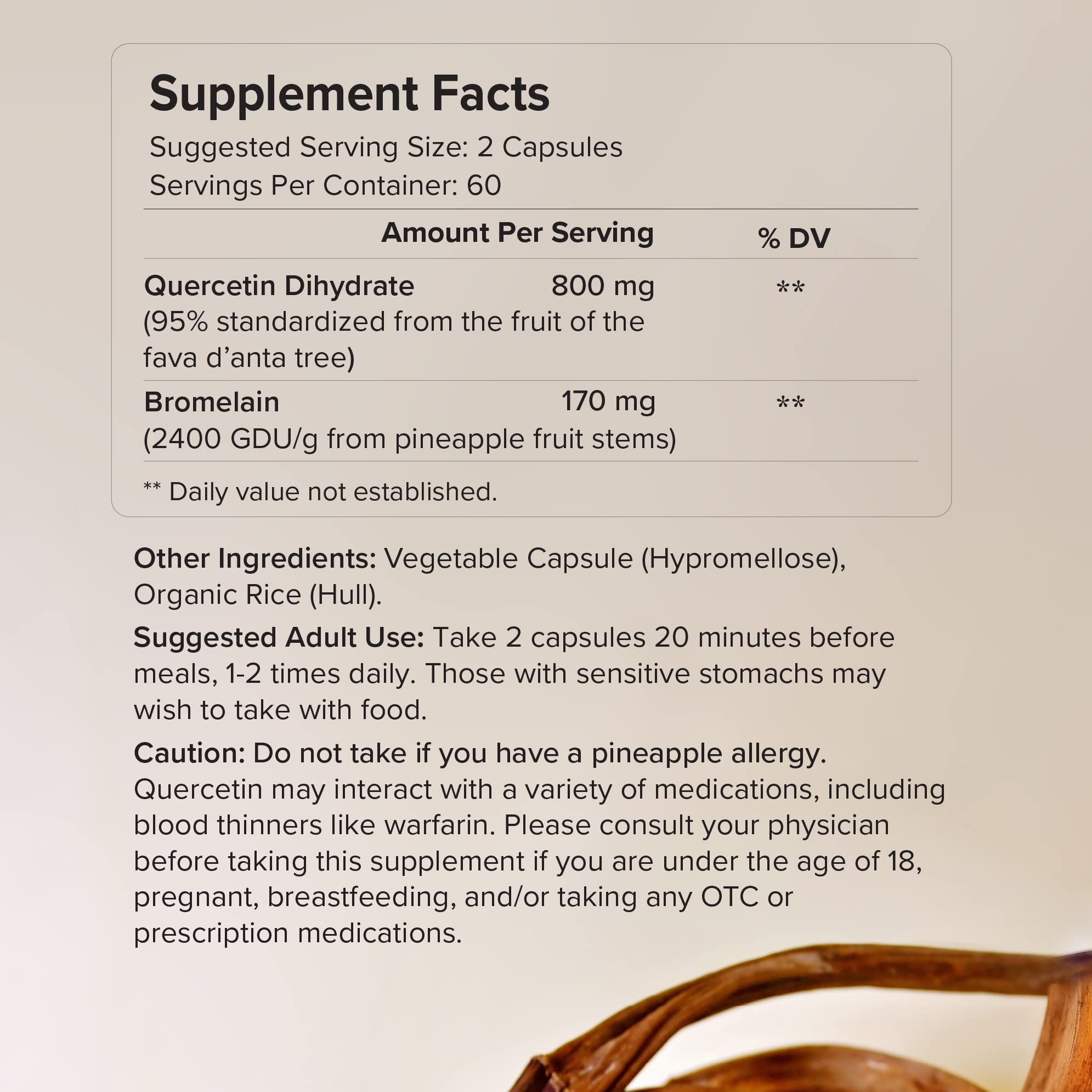 Rootcha Quercetin with Bromelain packaging highlighting no fillers and clean formula.
