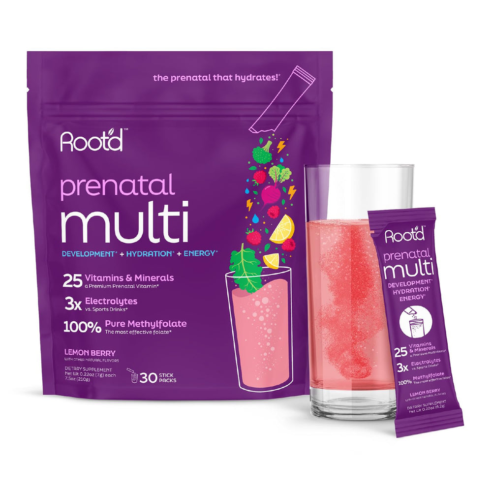 Root'd Prenatal Multivitamin Powder bottle supports daily prenatal nutrition
