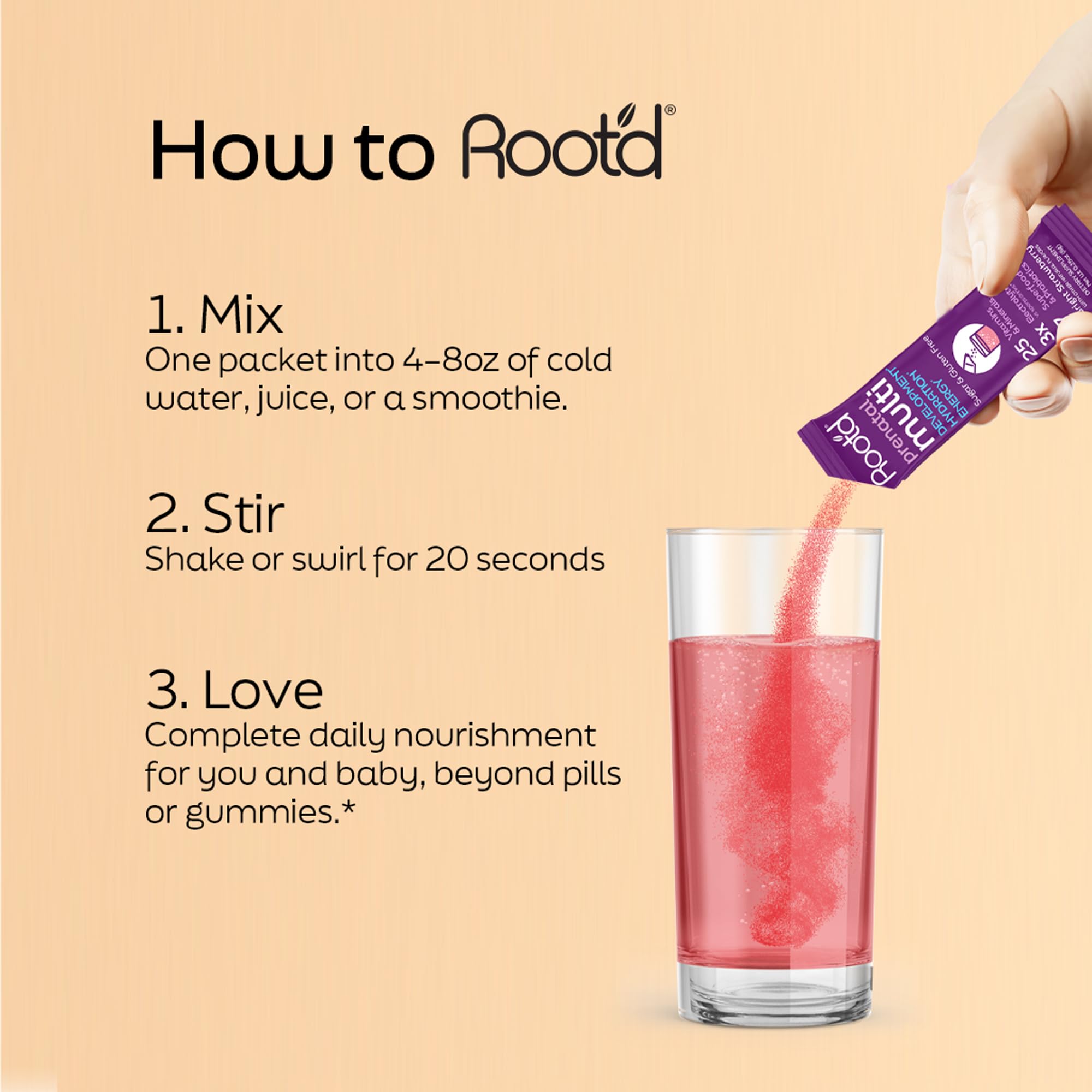 Root'd Prenatal Multivitamin Powder dissolves quickly in water for hydration