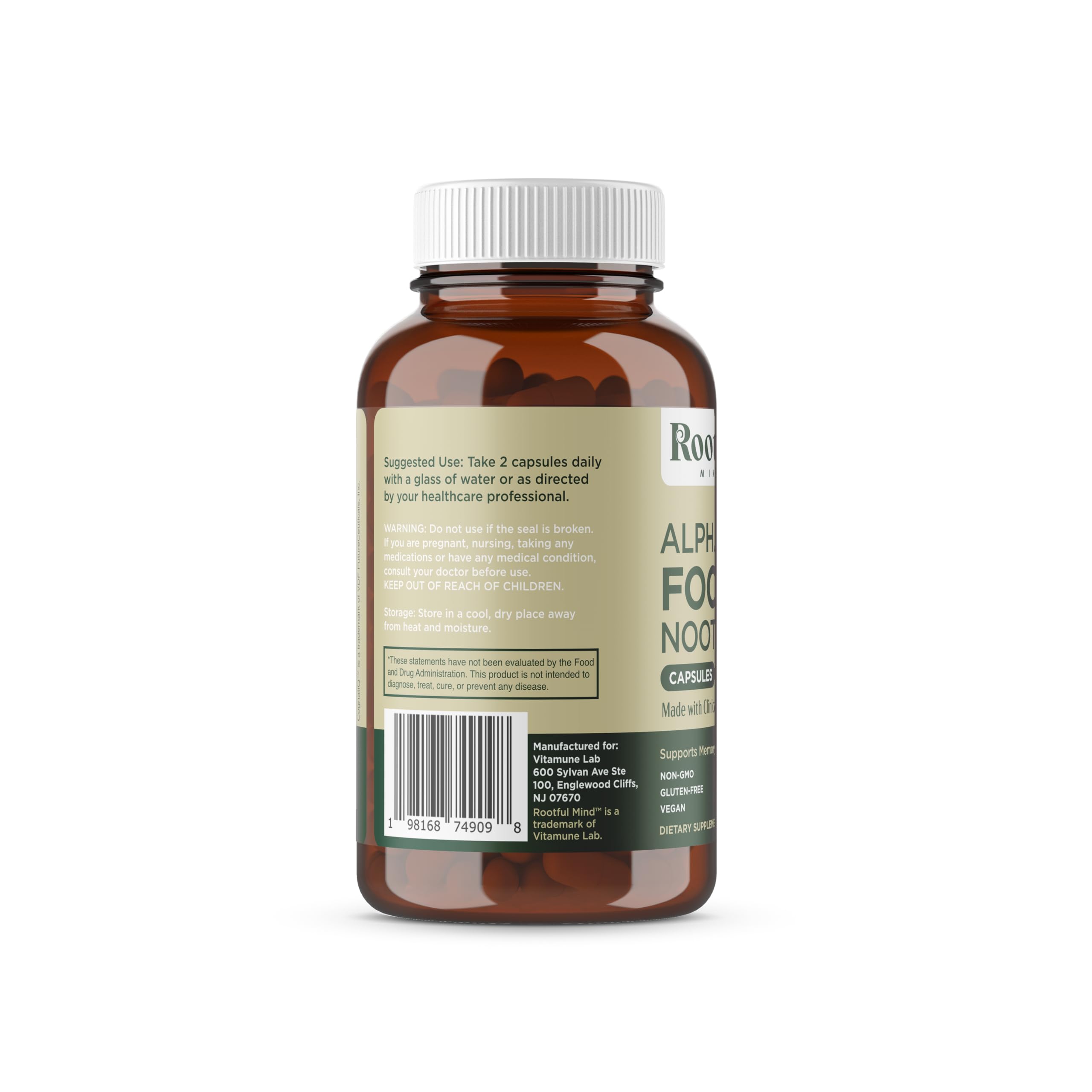 Made in USA badge on Rootful Mind Alpha Focus bottle.