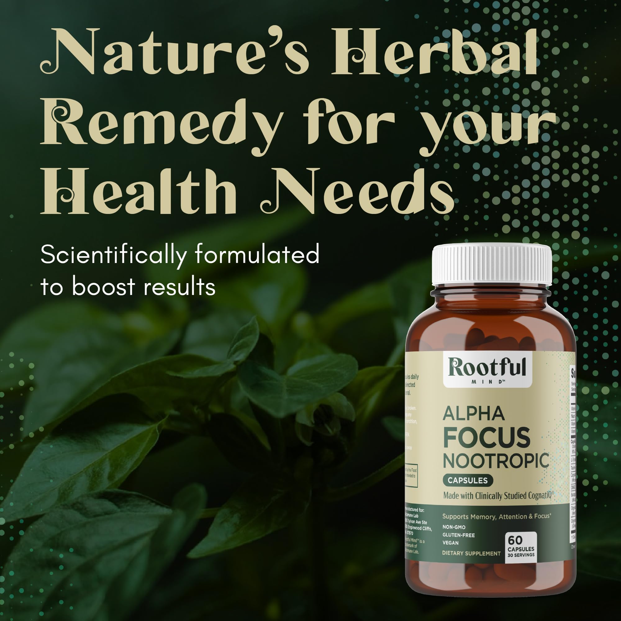 Vegan and non-GMO packaging visuals for Rootful Mind Alpha Focus.