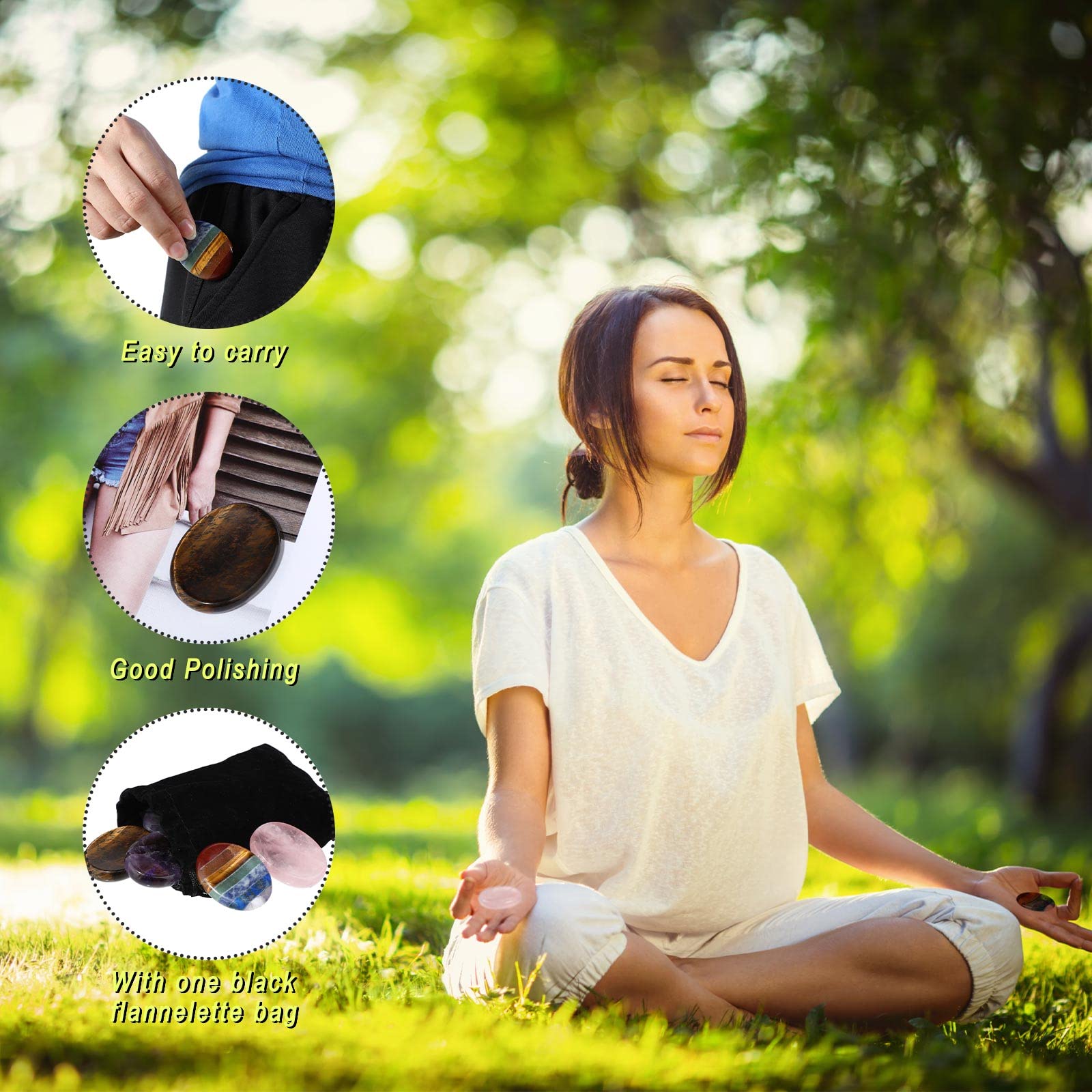 Roowest 7 chakra thumb stone blends seven stones for balance.