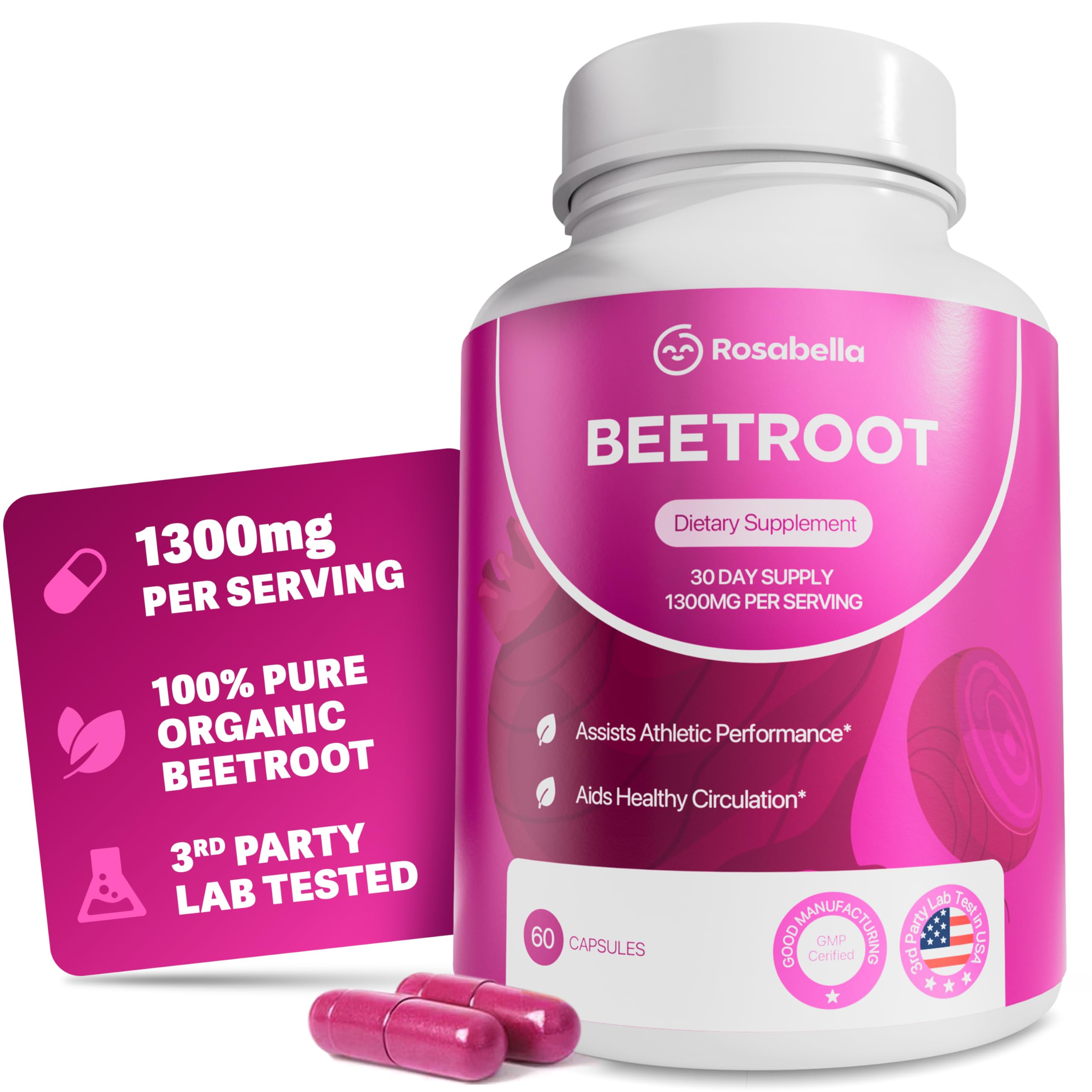Rosabella Beet Root Capsules bottle—easy daily energy support and healthy circulation.