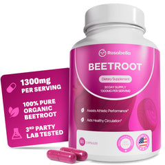 Rosabella Beet Root Capsules bottle—easy daily energy support and healthy circulation.