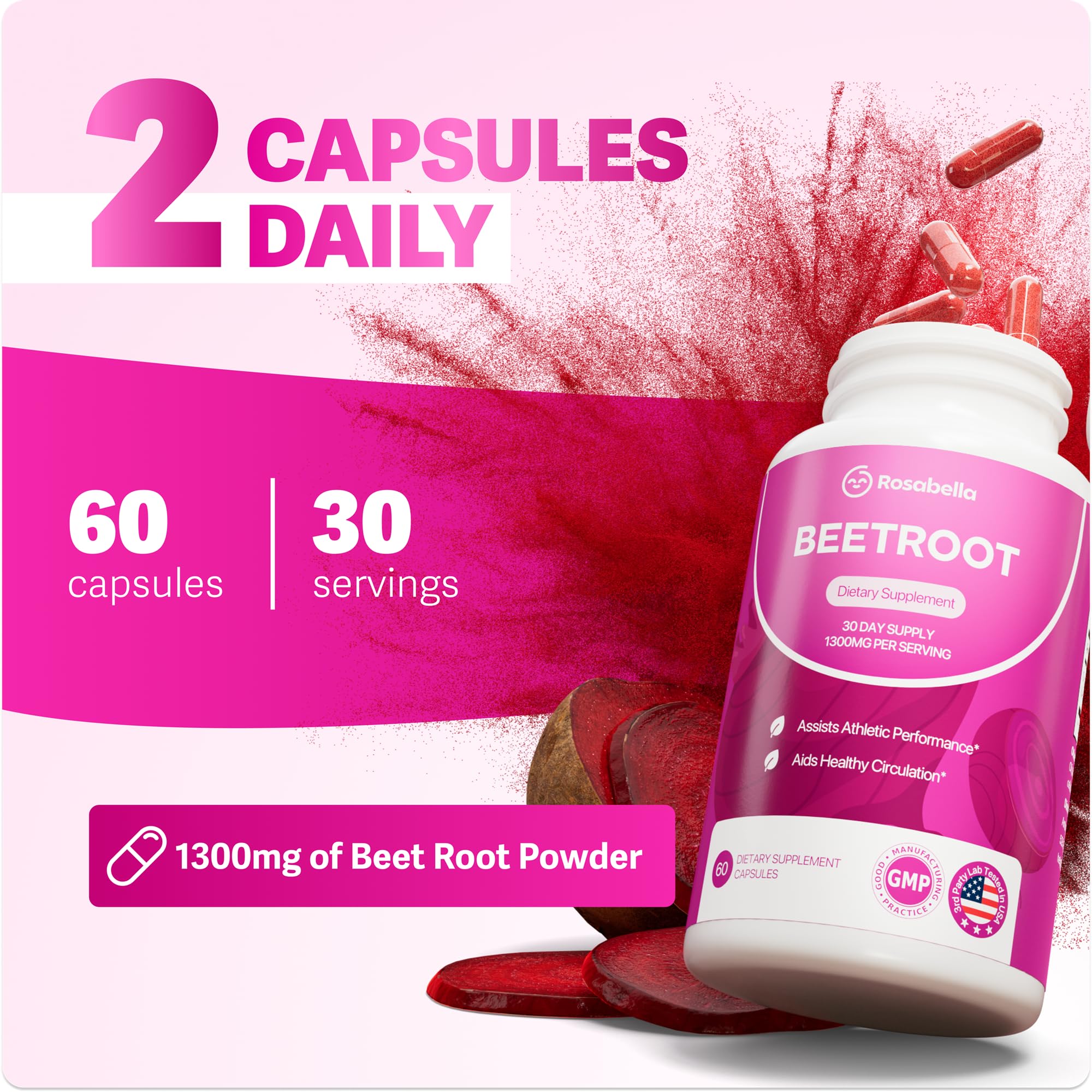 Rosabella capsules closeup highlighting organic beet root goodness for vitality.