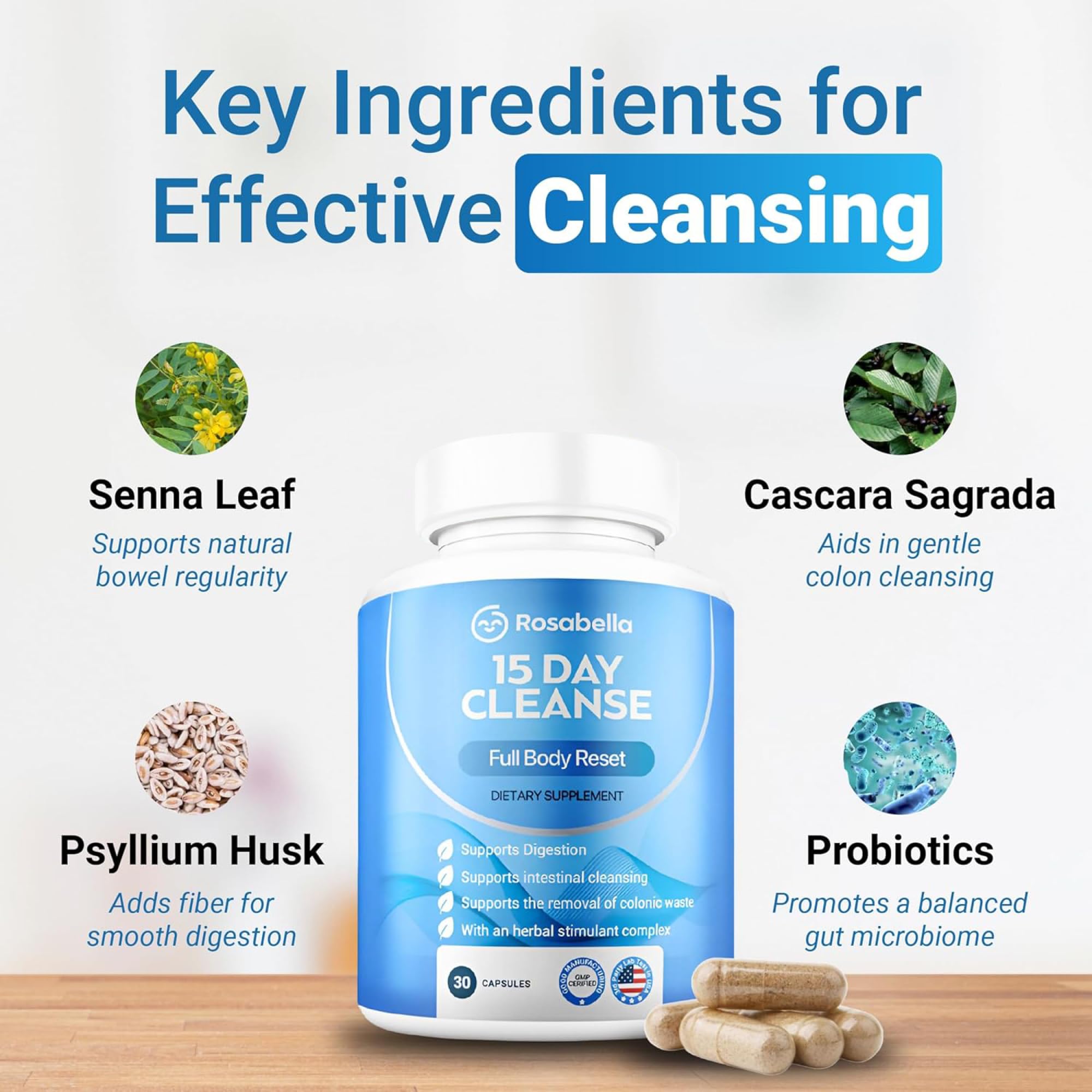 Rosabella capsules close-up highlighting a plant-based, non-GMO formula.