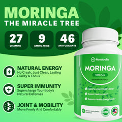 Close-up of Rosabella Moringa capsules highlighting plant-based multivitamin benefits.