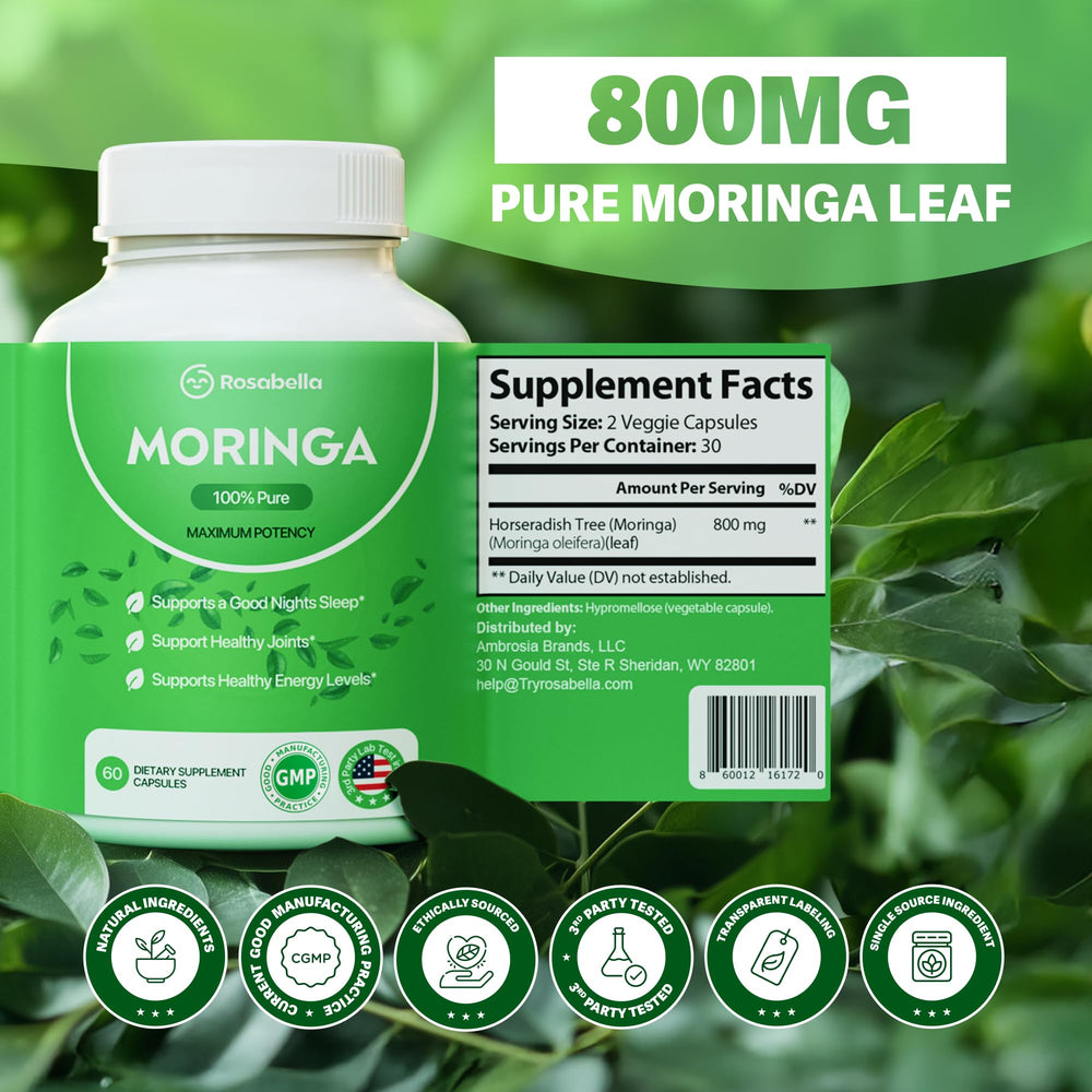 Rosabella Moringa Capsules vegan capsules underscoring clean, no fillers.