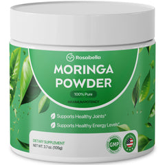 Polvo verde de Rosabella Moringa, textura suave para batidos y bebidas.