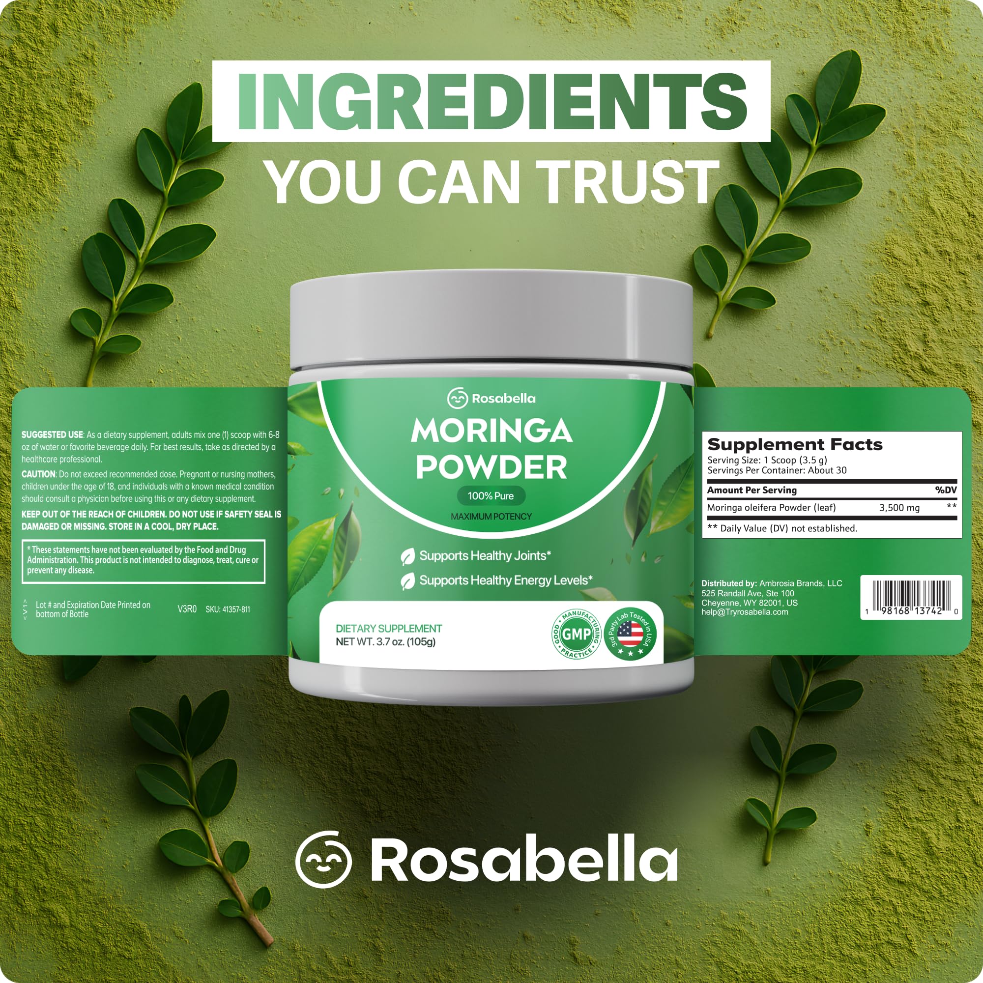 Porción diaria de 3500 mg de Rosabella Moringa para energía natural.