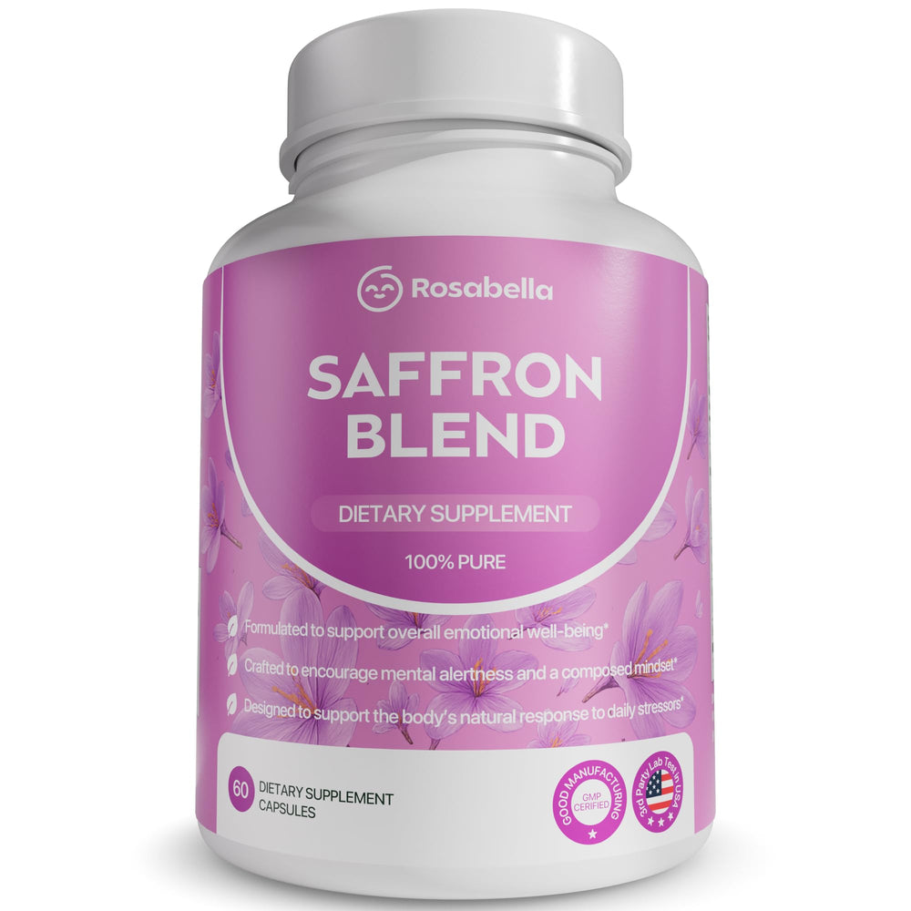 Rosabella Saffron Blend bottle on desk supports daily balance and mental clarity.