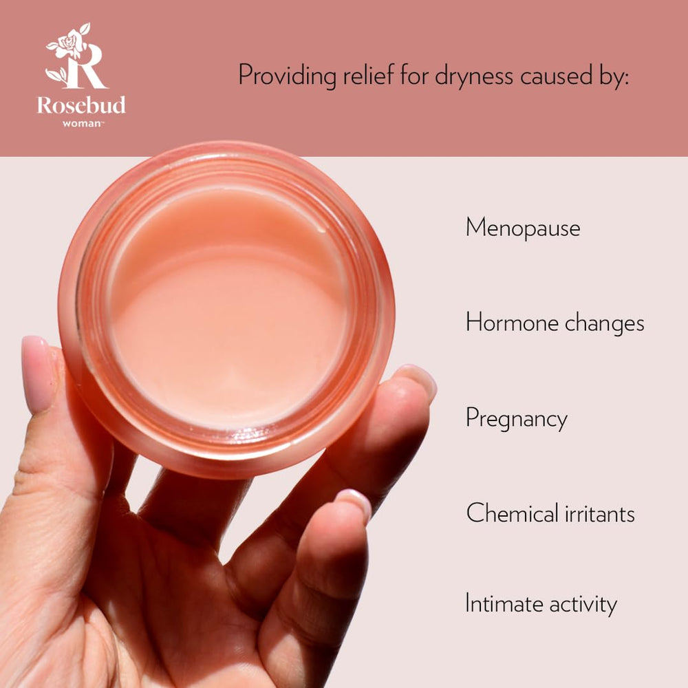 Rosebud Woman Honor balm being applied suggests smooth glide for intimate comfort.
