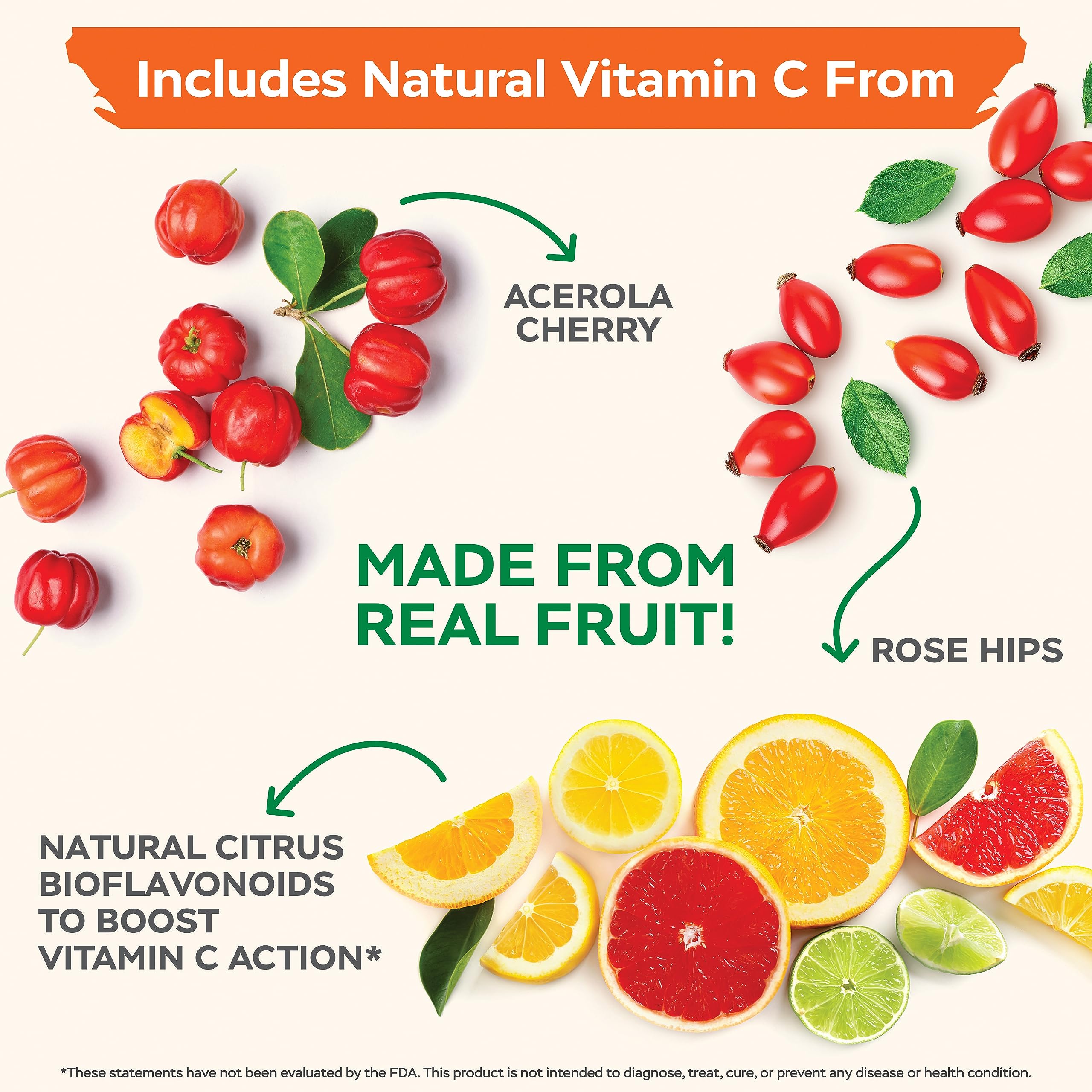 Rosehip and Acerola Cherry blend adds natural vitamin C sources.