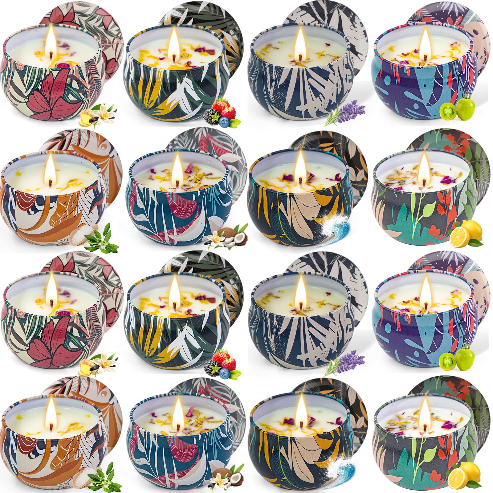 ROSIANS 16-pack soy wax candle set tin with assorted scents for home ambiance.