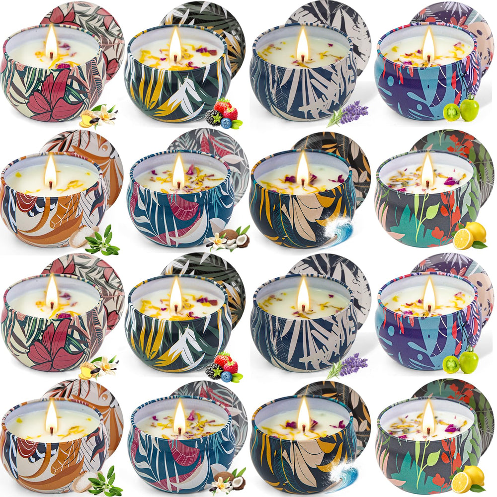 ROSIANS 16-pack soy wax candle set tin with assorted scents for home ambiance.