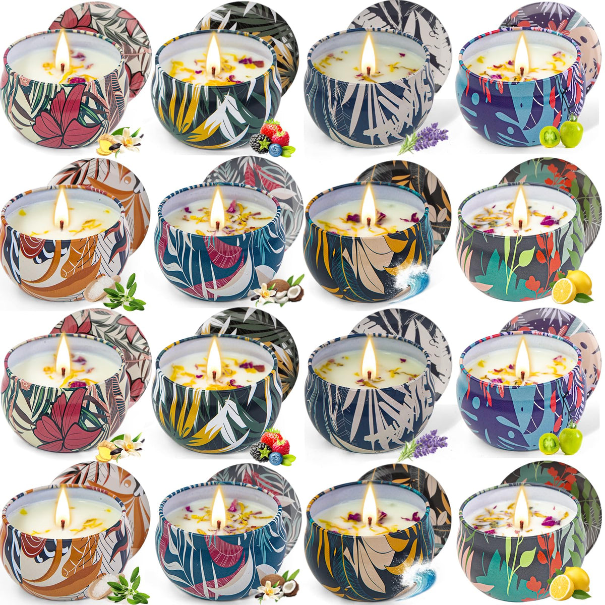 ROSIANS 16-pack soy wax candle set tin with assorted scents for home ambiance.