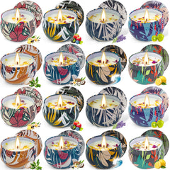 ROSIANS 16-pack soy wax candle set tin with assorted scents for home ambiance.