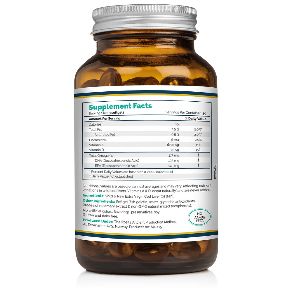 Rosita cod liver oil softgels bottle image; convenient packaging for your Nordic omega-3 routine.