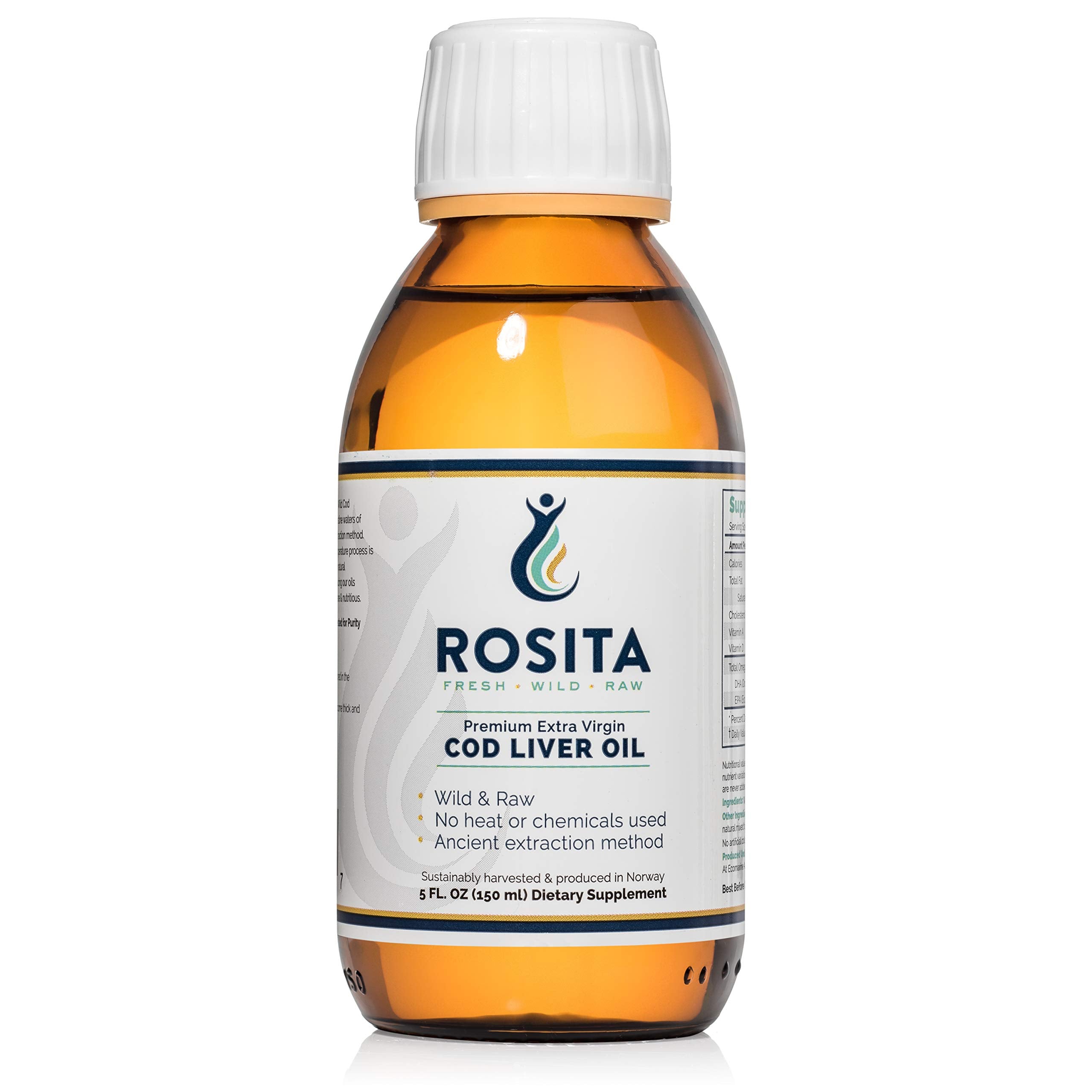 Rosita Real Foods cod liver oil bottle: pure, omega-rich supplement from sustainable Norwegian cod