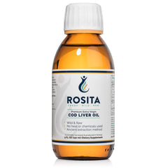 Rosita Real Foods cod liver oil bottle: pure, omega-rich supplement from sustainable Norwegian cod