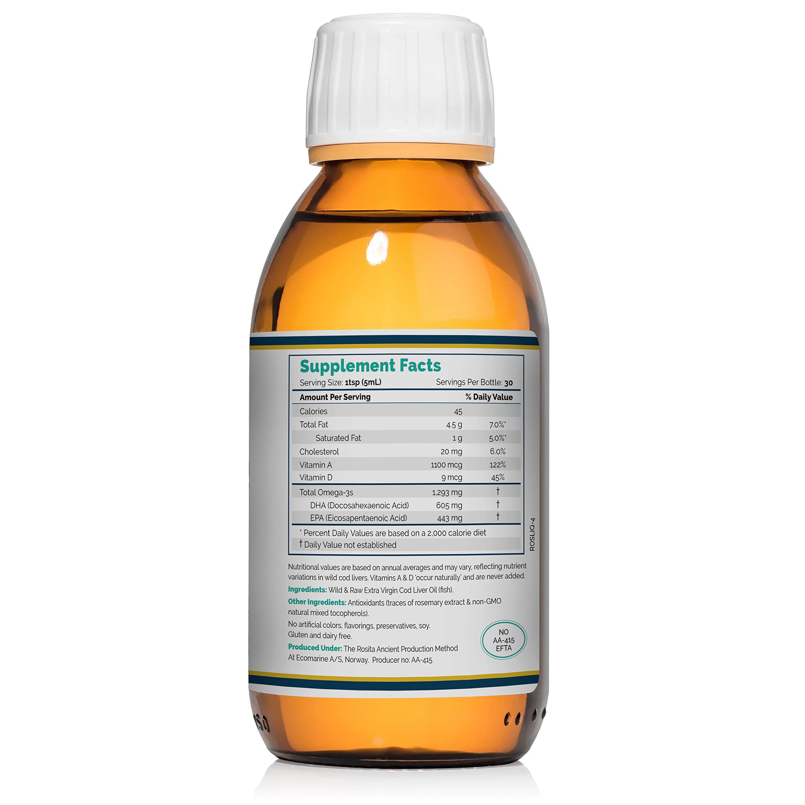 Rosita cod liver oil liquid being poured for easy daily use