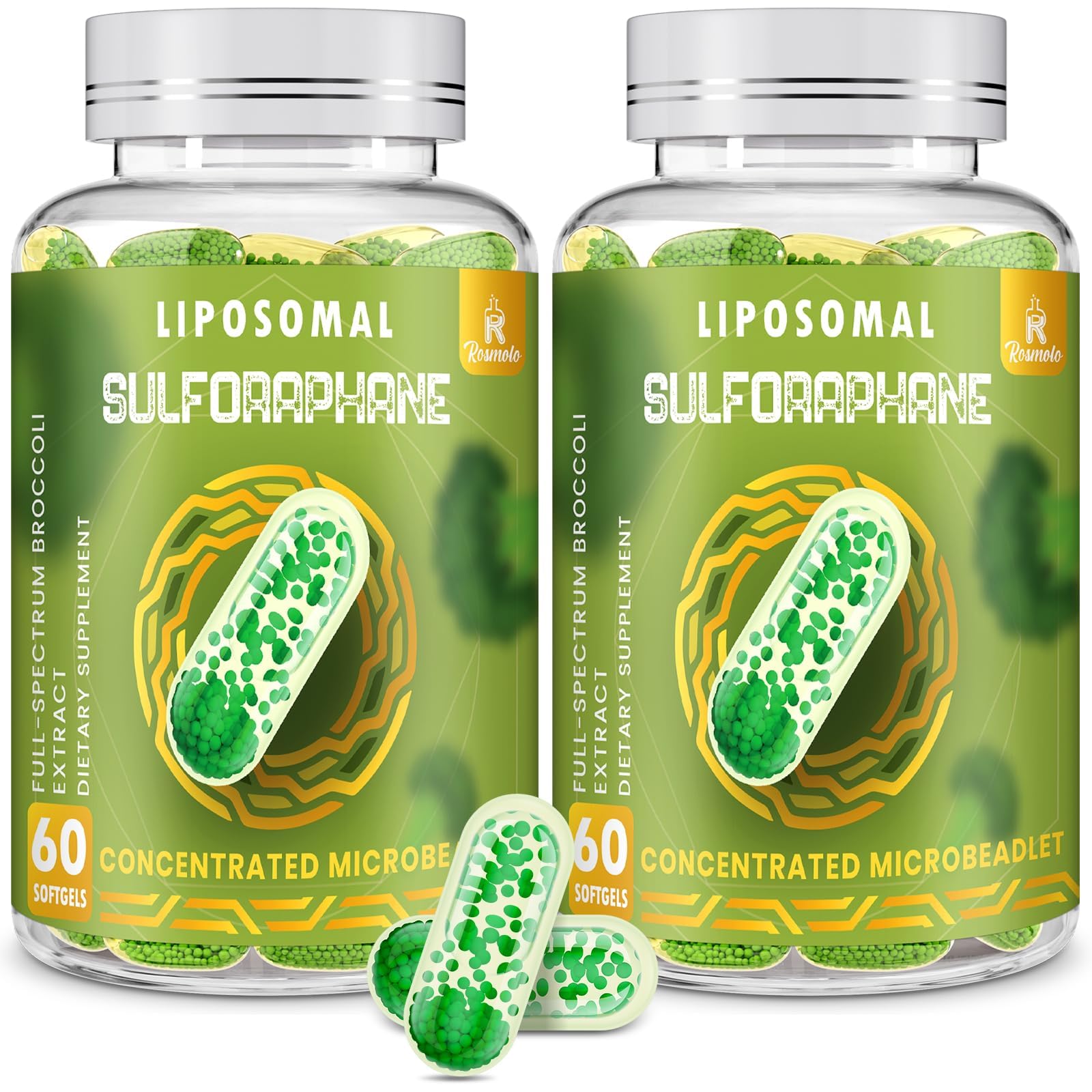 Rosmolo 800 mg liposomal sulforaphane bottle showcases potent antioxidant support.
