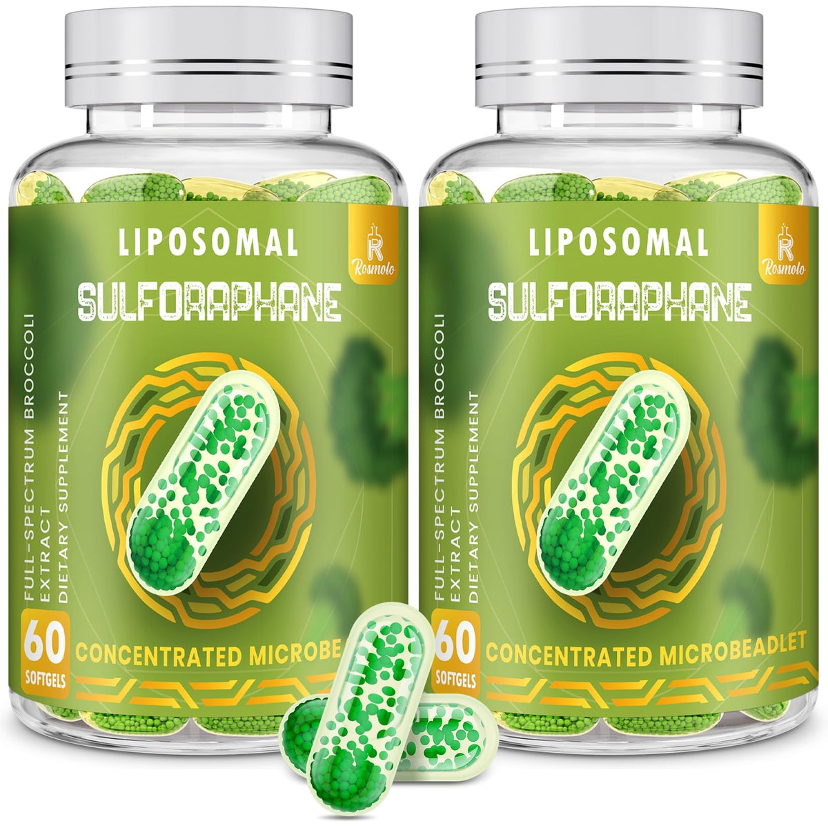 Rosmolo 800 mg liposomal sulforaphane bottle showcases potent antioxidant support.