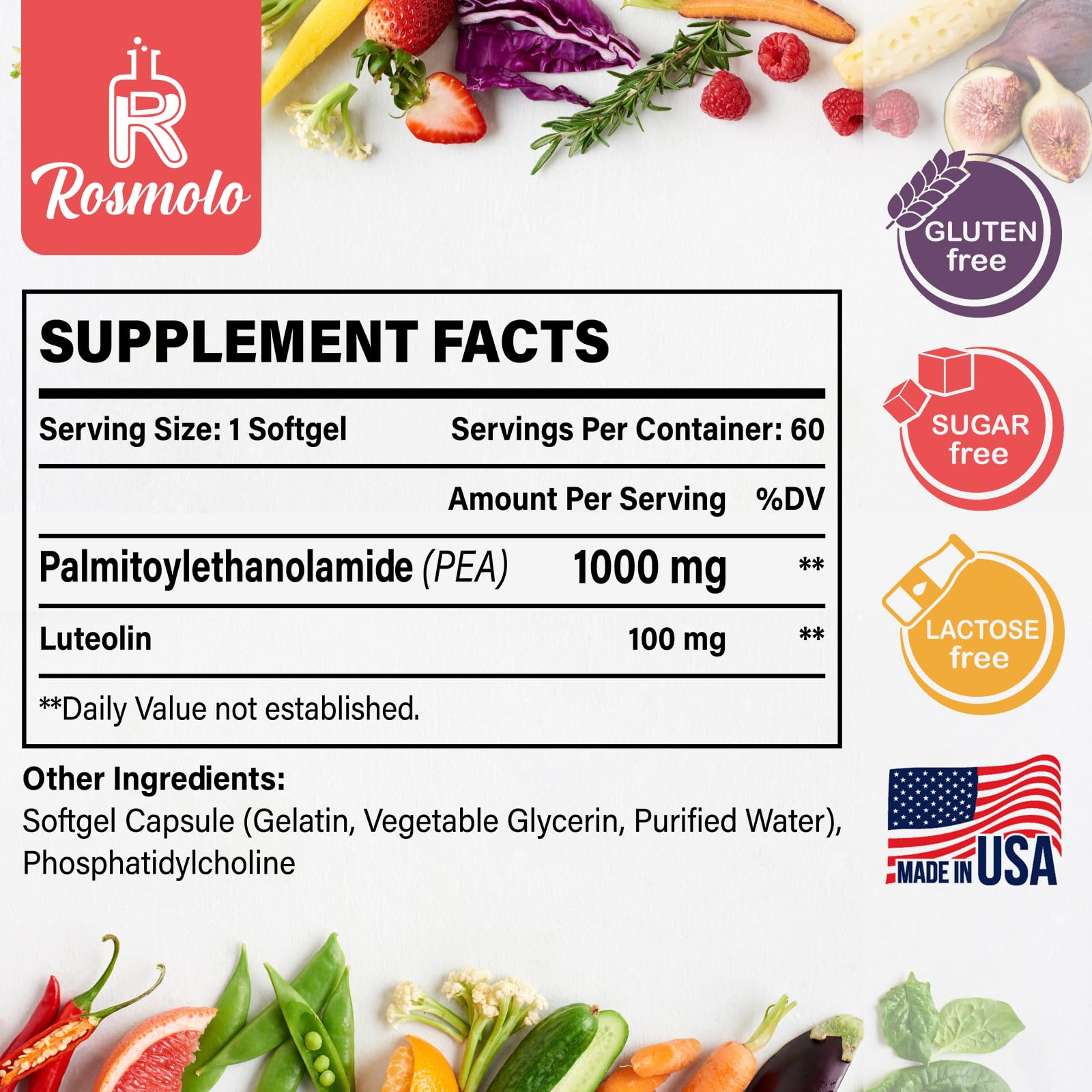 Rosmolo liposomal PEA + luteolin softgels highlight high-potency 2-in-1 formula.