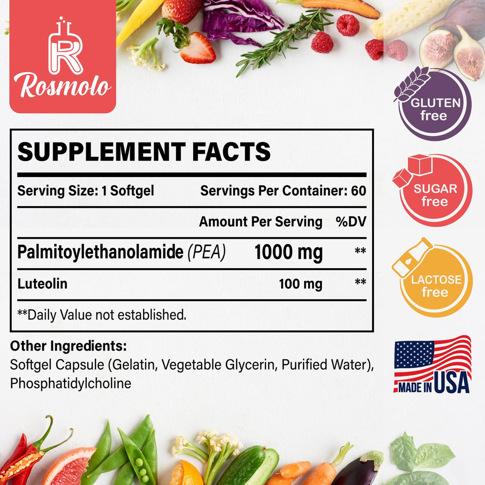 Rosmolo liposomal pea softgels: easy-to-swallow capsules supporting comfort and daily vitality.