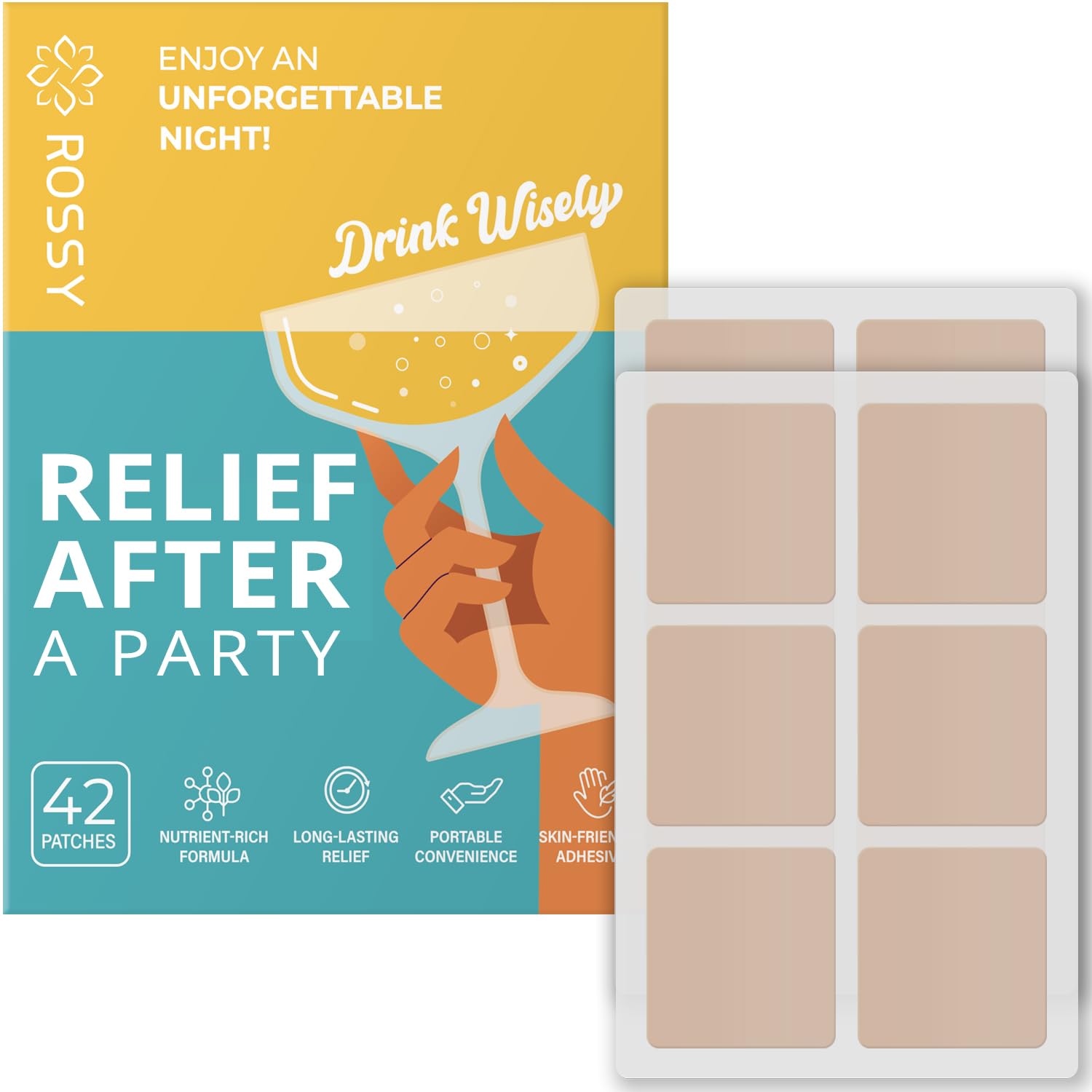 Rossy Party Recovery Patch packaging shown for on-the-go relief