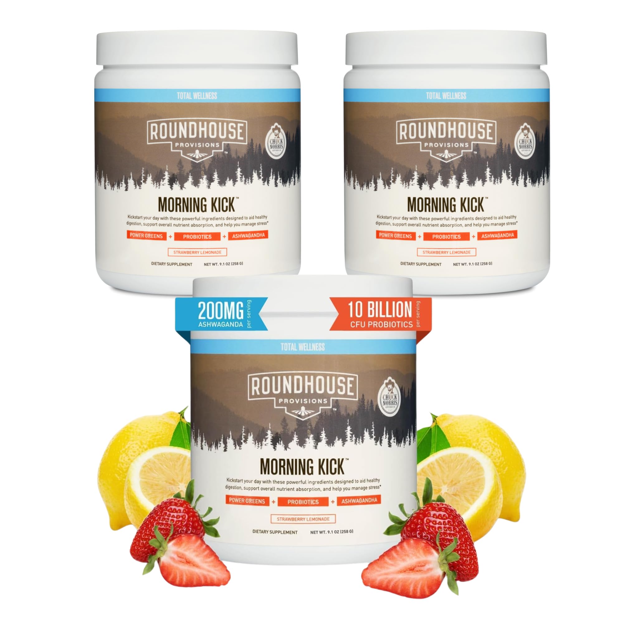 Roundhouse Provision Morning Kick bottle beside a glass, highlighting gut health support.