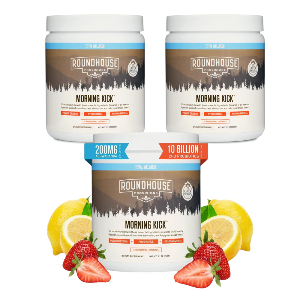 Roundhouse Provision Morning Kick bottle beside a glass, highlighting gut health support.