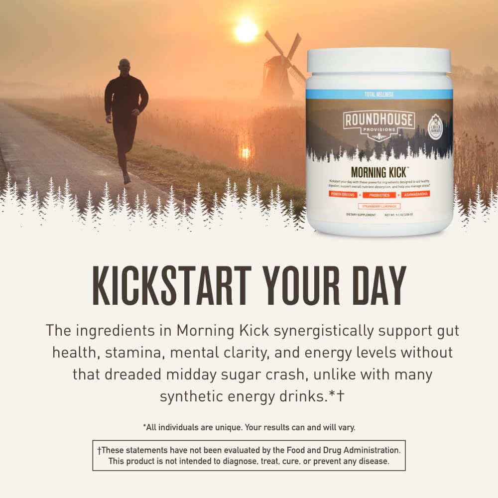 Post-workout scene with Morning Kick mix hints at recovery support.