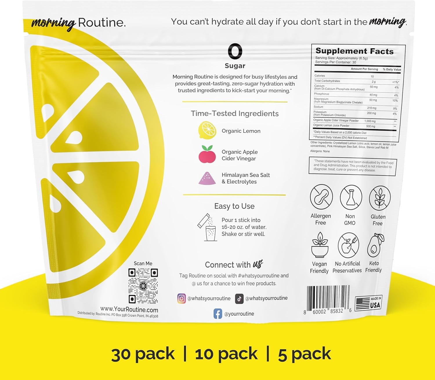 ROUTINE Morning Daily Hydration packet lemon flavor offers a refreshing, sugar-free option.