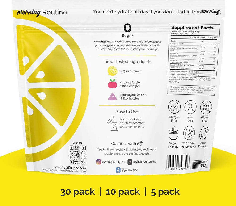 ROUTINE Morning Daily Hydration packet lemon flavor offers a refreshing, sugar-free option.