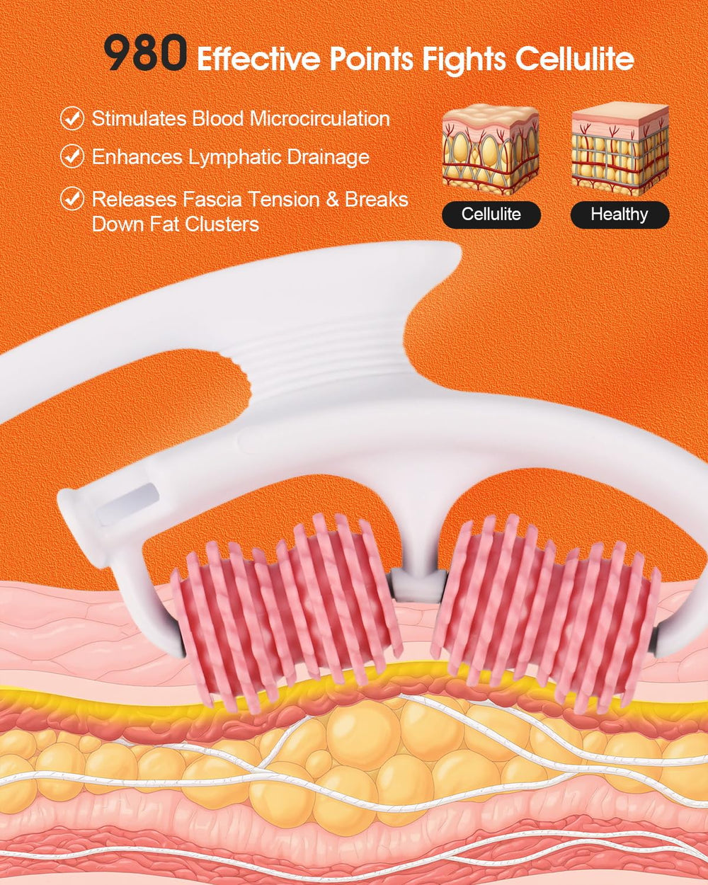 Rovista anti cellulite massage tool detachable handles in pink enable leg and arm use.