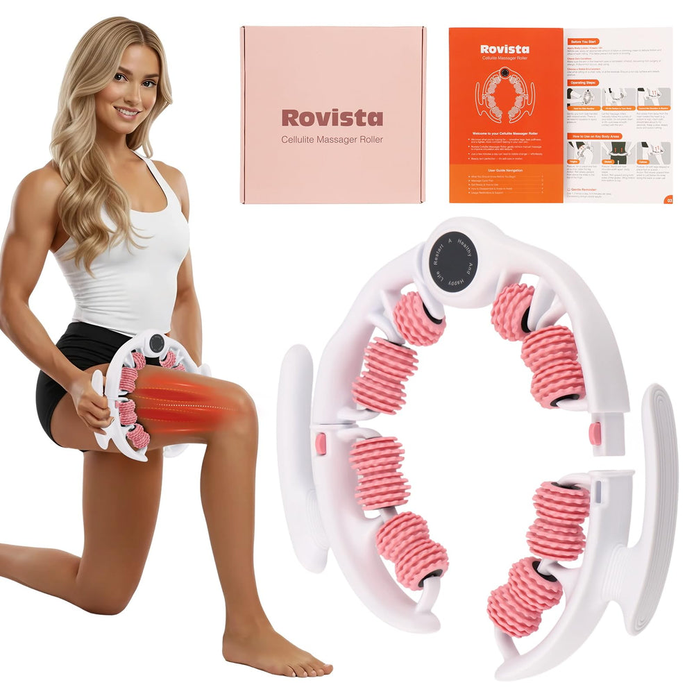 Rovista anti cellulite massage tool front view highlights pink ergonomic design for easy self-care.