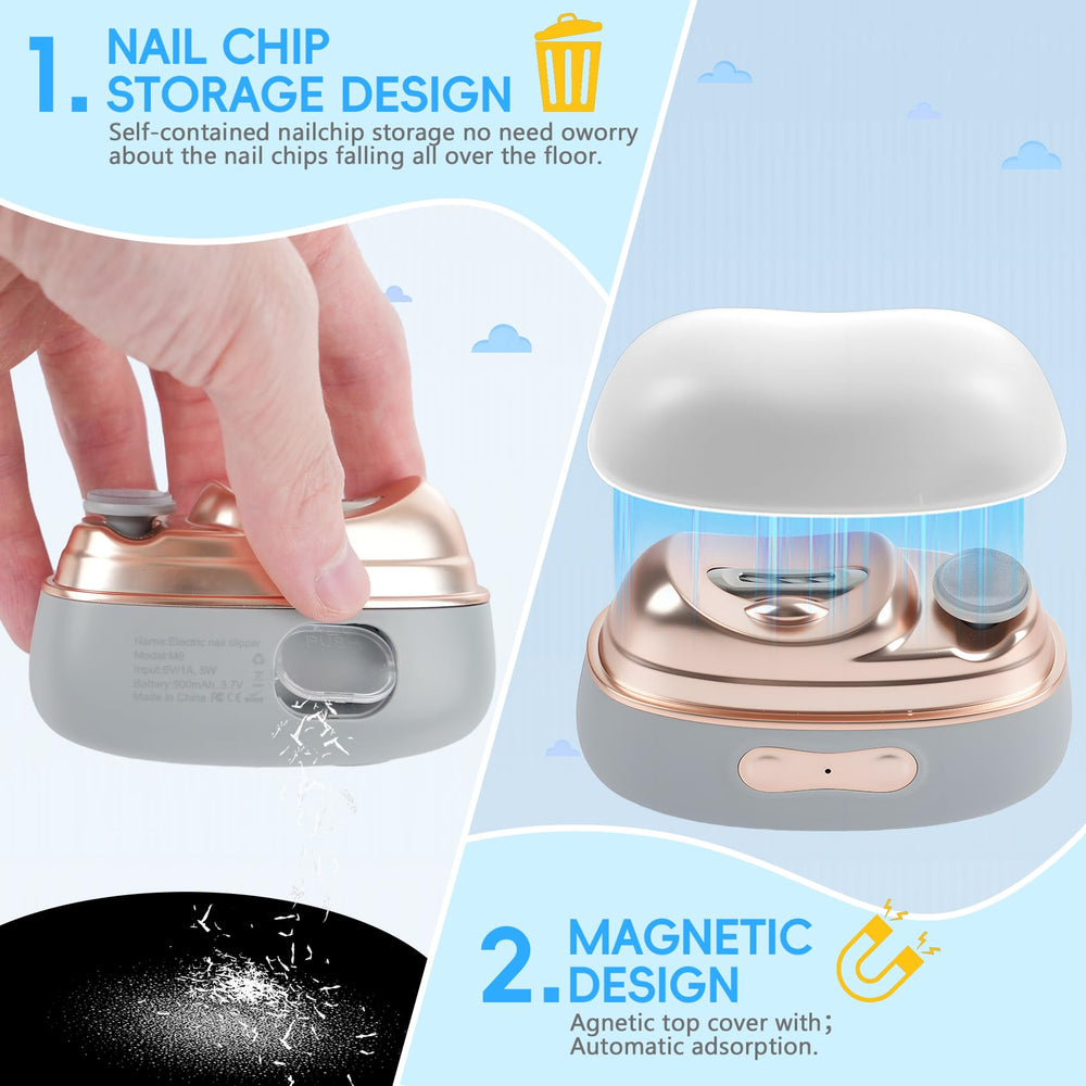 ROVLET 3-in-1 design nail trimmer, file, and polisher in use