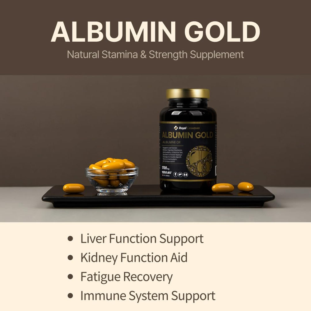 Royal Canadian Albumin Gold bottle pour demonstrates easy dosing for daily use