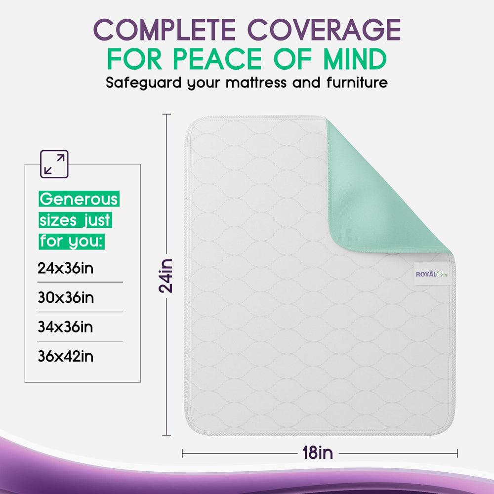 Royal Care reusable incontinence pad absorbs moisture for chairs and beds.