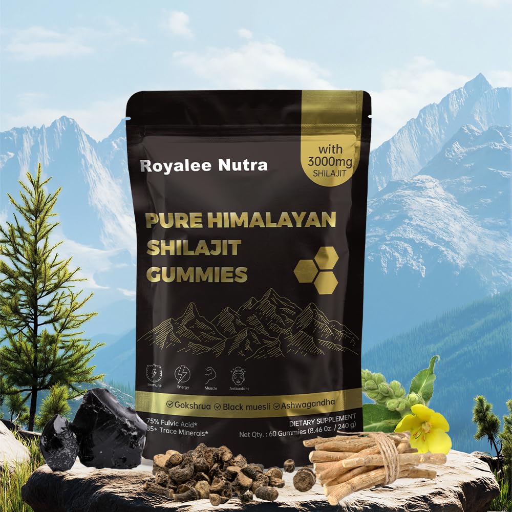 Royalee Nutra Pure Himalayan Shilajit Gummies bottle front highlights travel-ready wellness.