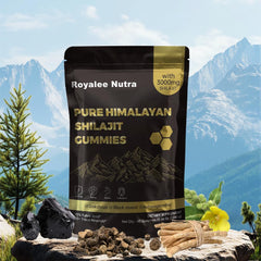Royalee Nutra Pure Himalayan Shilajit Gummies bottle front highlights travel-ready wellness.