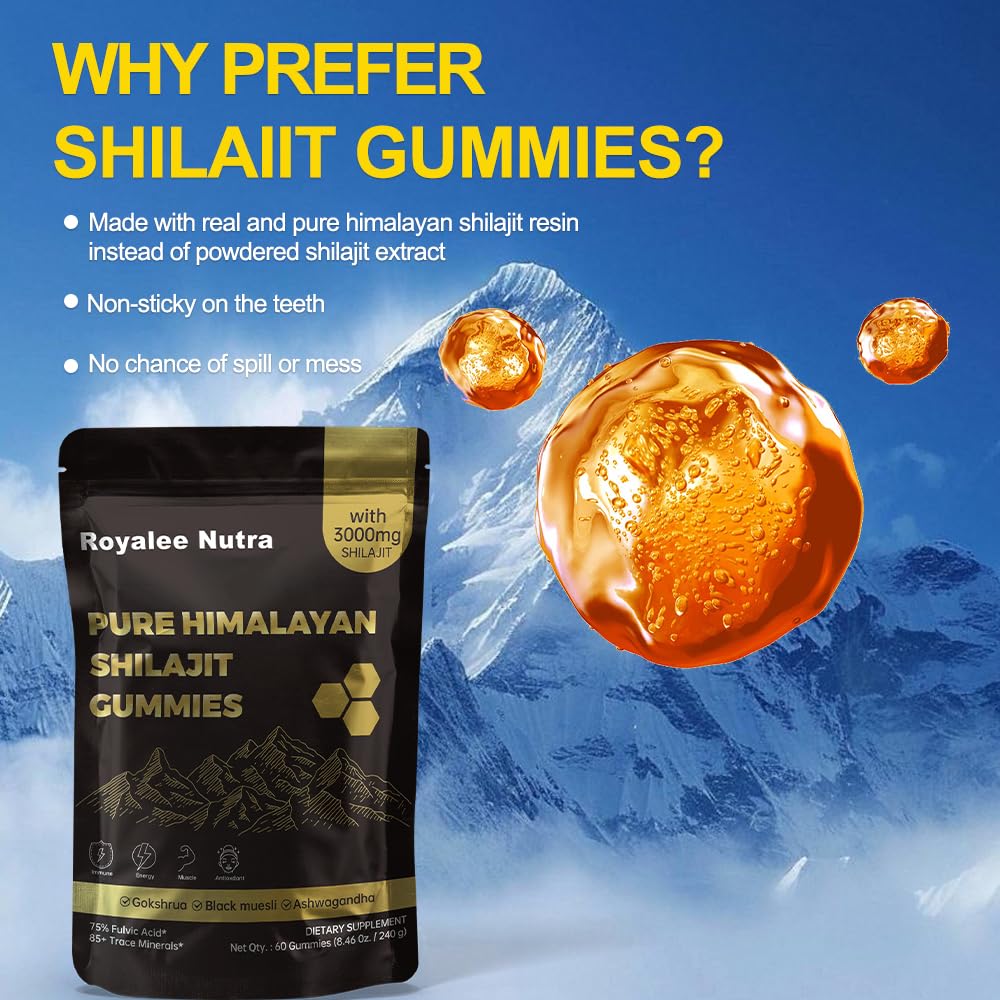 Royalee Nutra Pure Himalayan Shilajit Gummies close-up shows natural color and chewy texture.