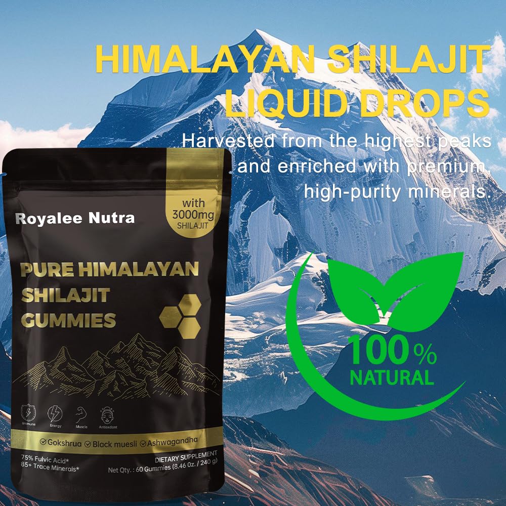 Royalee Nutra Pure Himalayan Shilajit Gummies individually wrapped packs for on-the-go vitality.