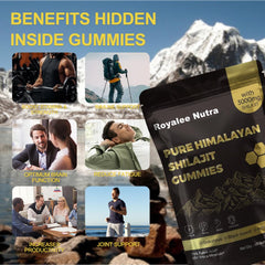 Royalee Nutra Pure Himalayan Shilajit Gummies packaging displays 85+ minerals and fulvic acid.