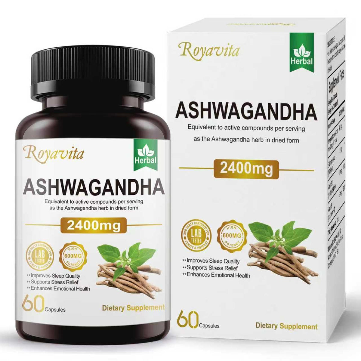 Royavita Ashwagandha 2400mg bottle for daily stress support and focused energy.