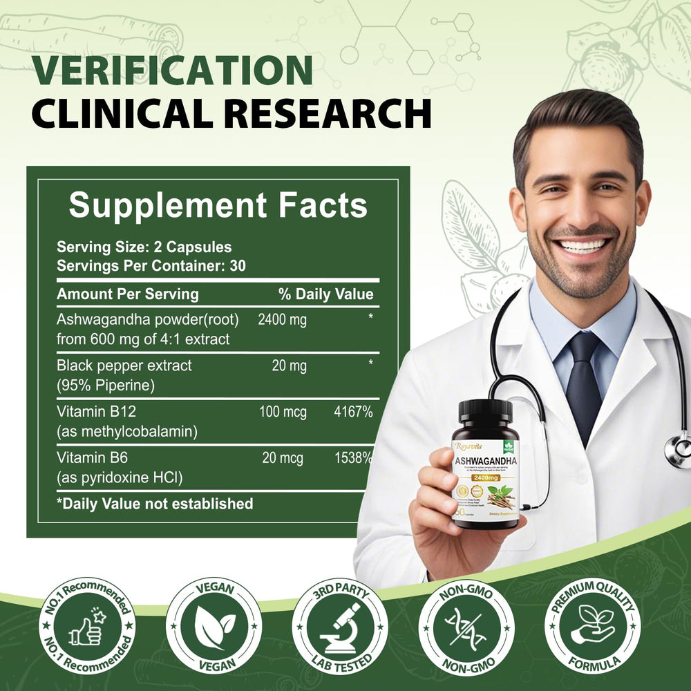 Royavita Ashwagandha capsules closeup highlighting potent adaptogen ingredients.