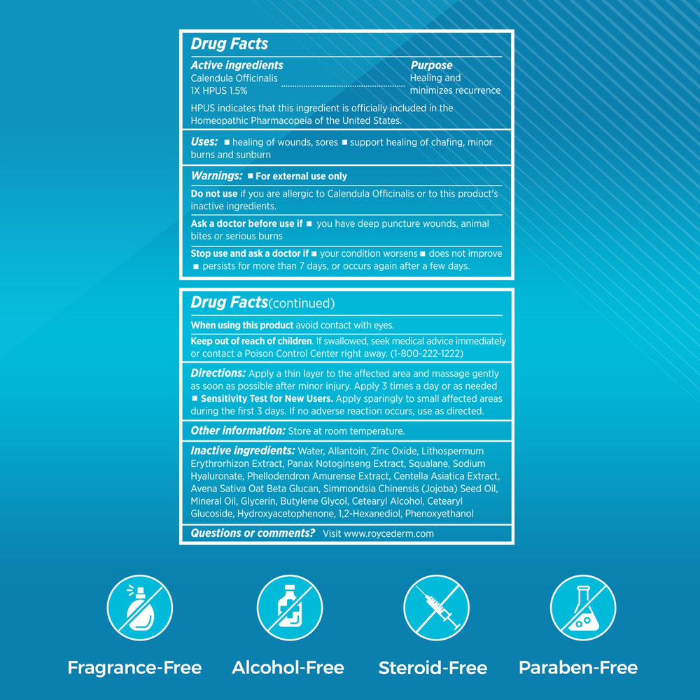 Roycederm daily-use formula for sensitive skin with fast absorption.