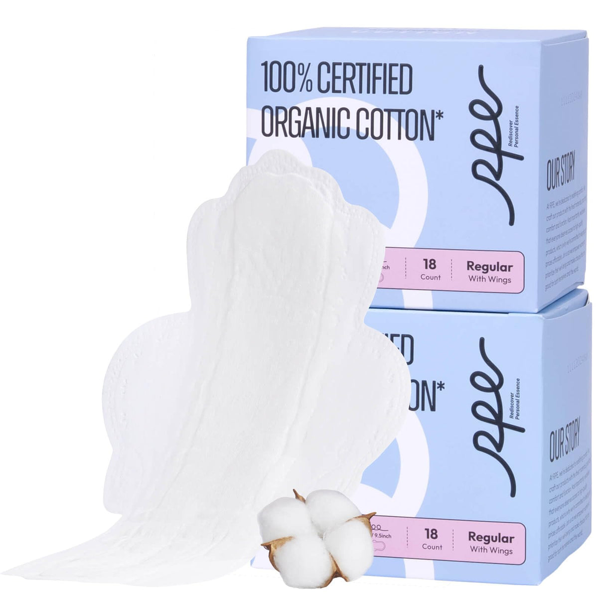 RPE Life 100% organic cotton pad packaging highlights clean sourcing and convenience